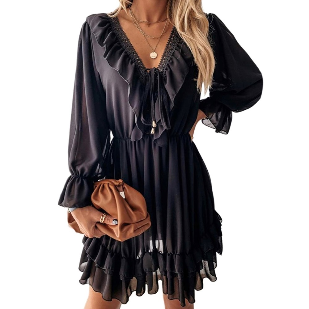 Deep V Black Dress with Ruffles (Size M)
